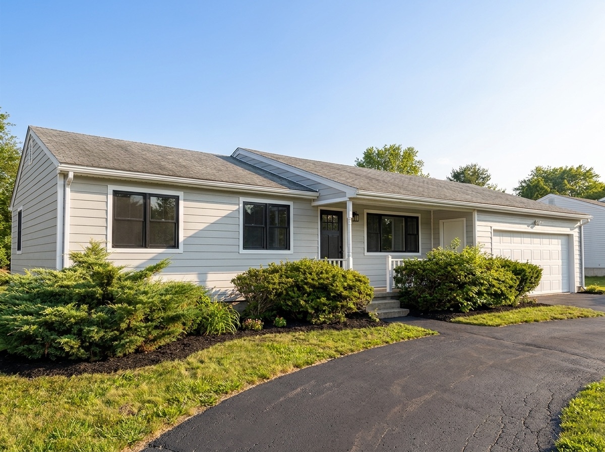 Ranch home with new gray fiber-cement siding after exterior renovation